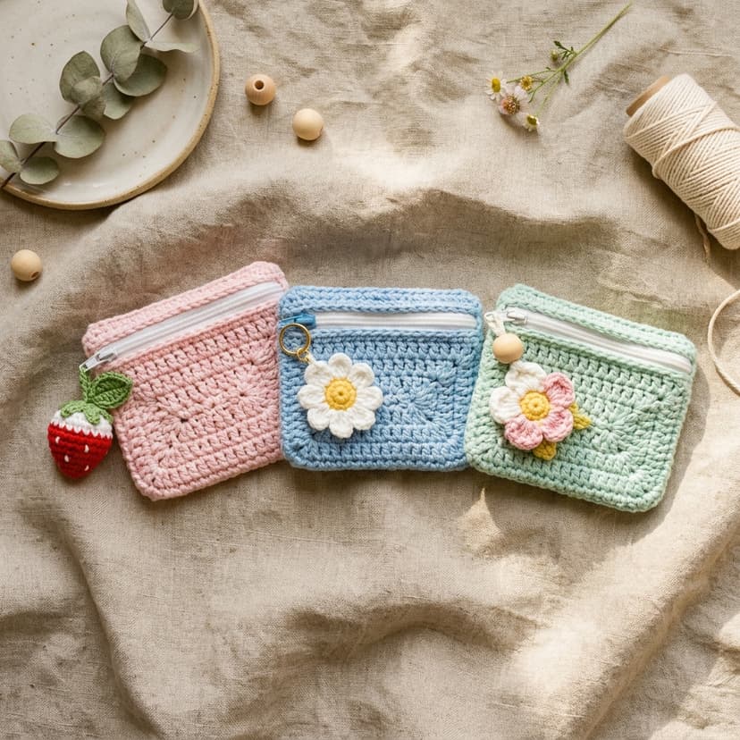 Strawberry and cherry zip-close mini pouches made of combed cotton yarn